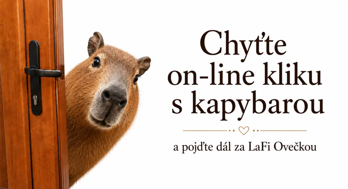 Vstupní dveře do kreativní dílny LaFi Ovečka s vykukující papírovou kapybarou a nápisem Provoz individuální.