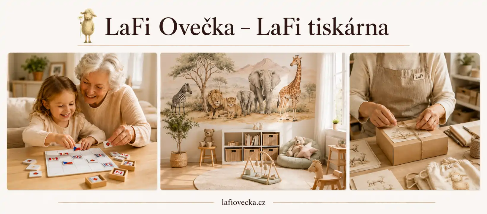 Úvodní banner didaktické tiskárny LaFi Ovečka s ukázkou mezigeneračních her, dětských tapet a chráněné dílny.