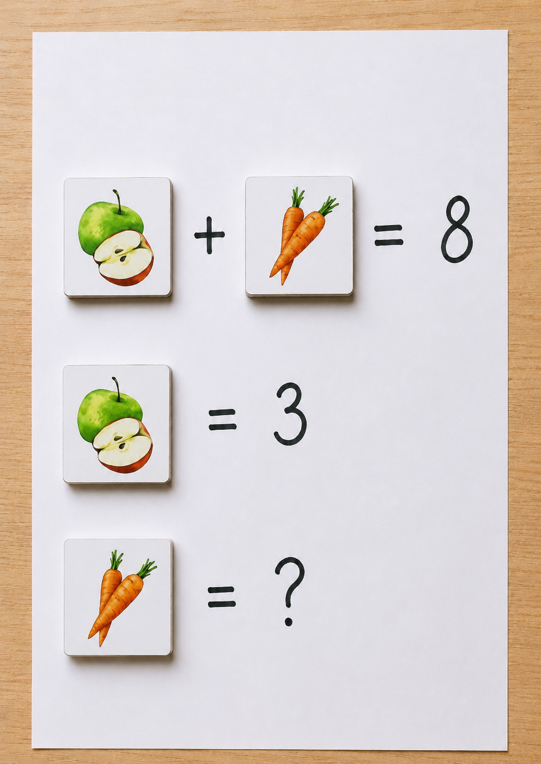 LaFi návod – obrázková matematická úloha na A4: jablko plus mrkev se rovná 8, jablko se rovná 3, kolik je mrkev