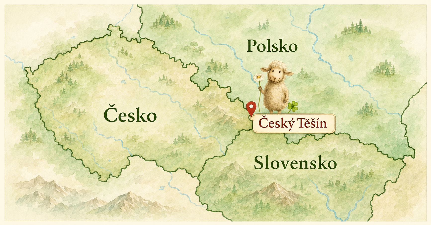 LaFi Ovečka na mapě u Českého Těšína mezi Českem, Polskem a Slovenskem