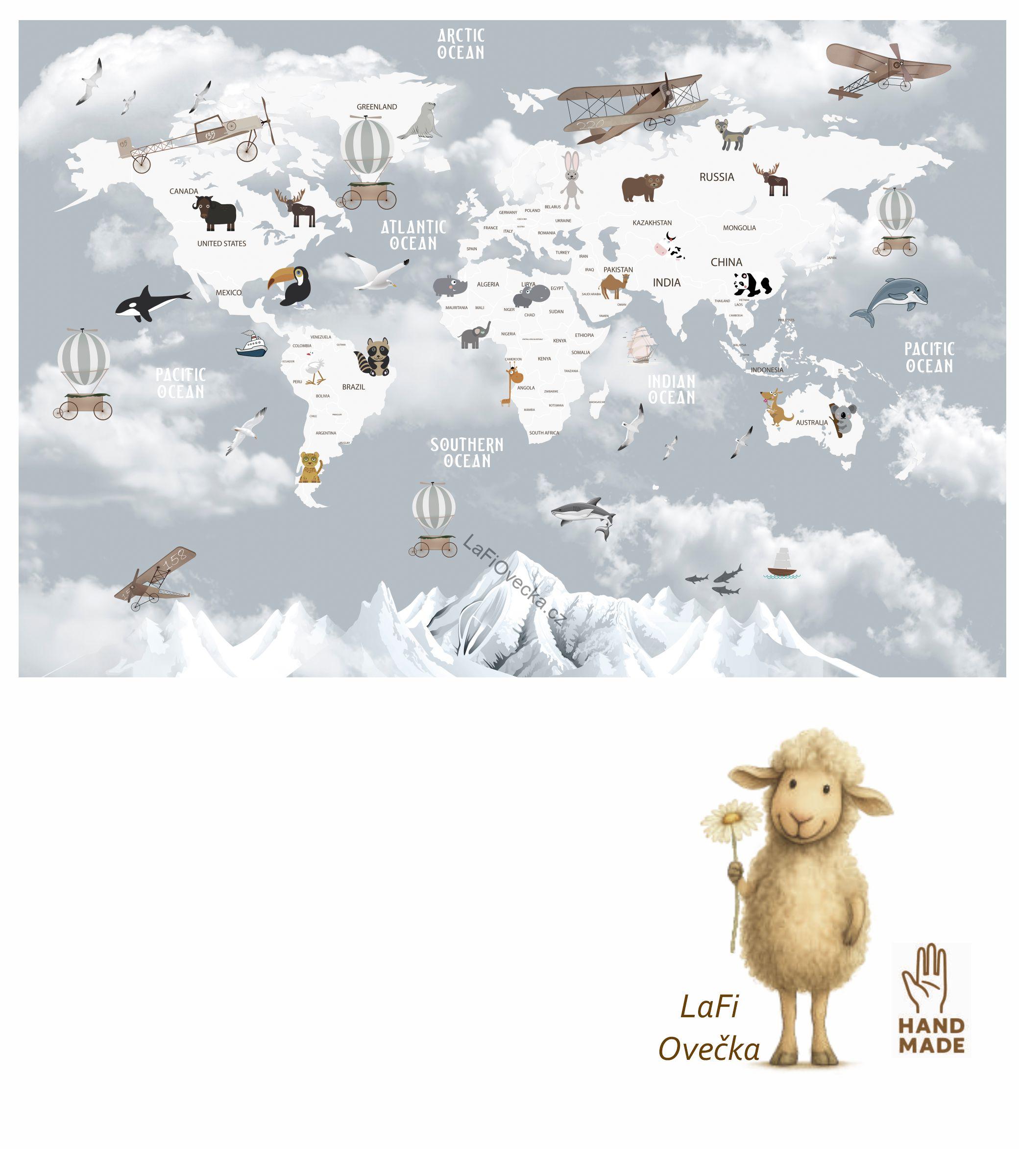 LaFi samolepka na zeď – Mapa světa (EN) pro děti | šedé pozadí | 1 díl