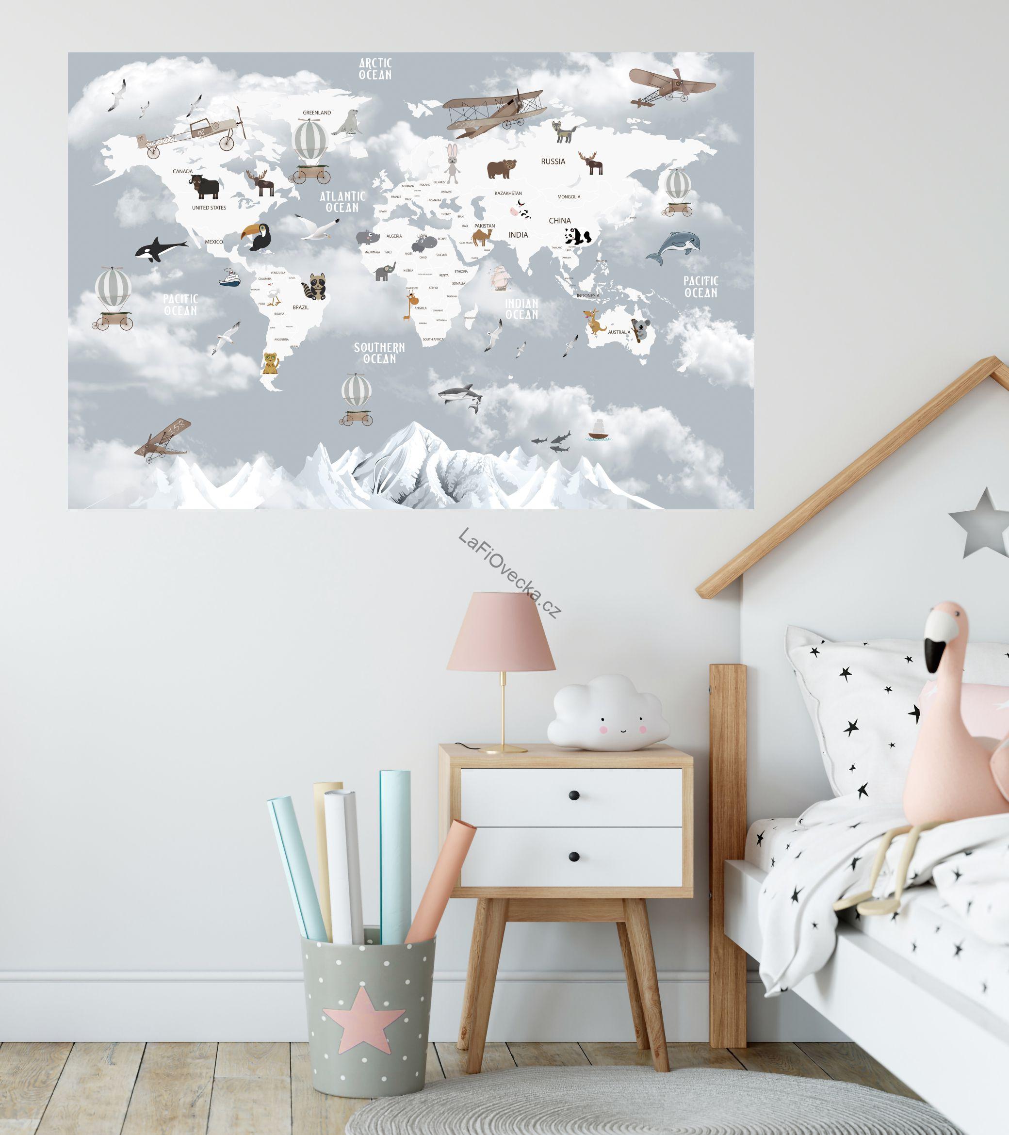LaFi samolepka na zeď – Mapa světa (EN) pro děti | šedé pozadí | 1 díl