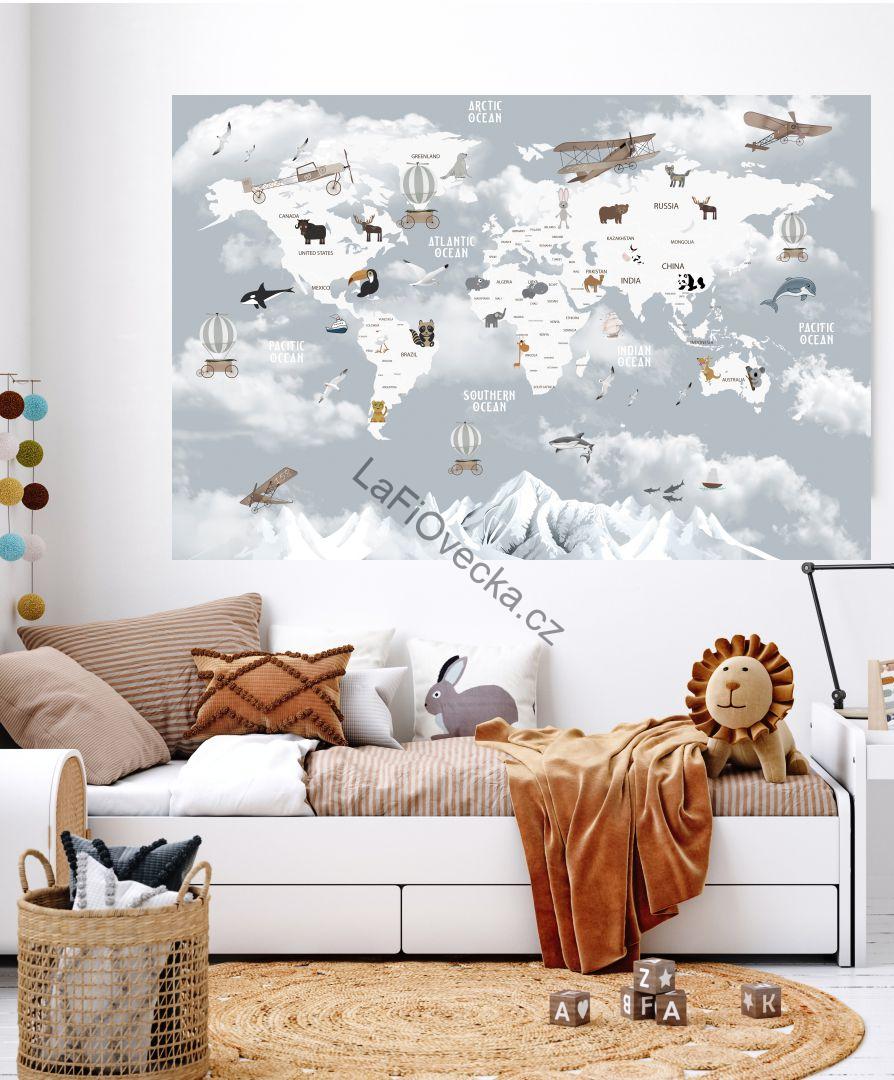 LaFi samolepka na zeď – Mapa světa (EN) pro děti | šedé pozadí | 1 díl