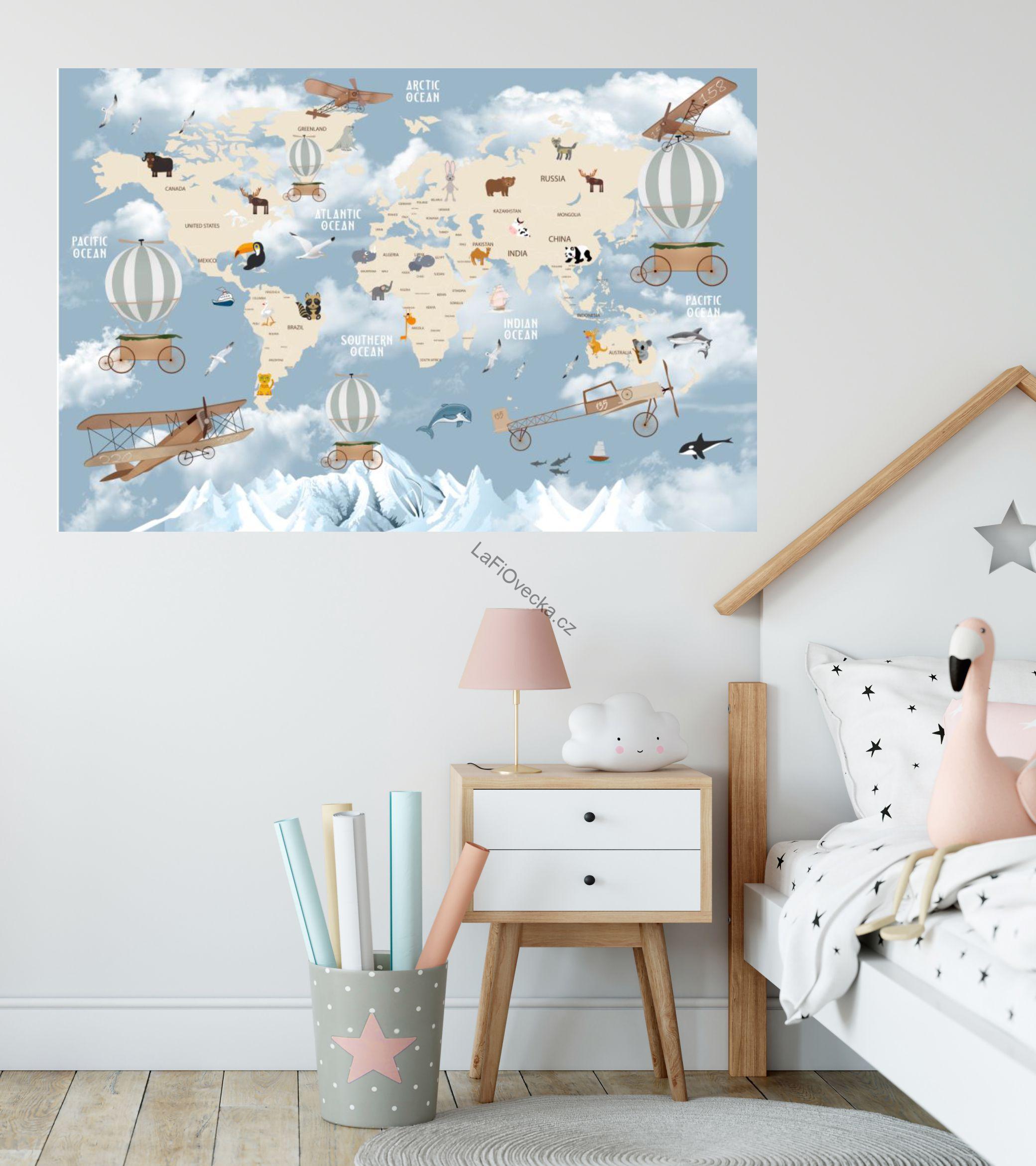 LaFi samolepka na zeď – Mapa světa (EN) pro děti | modré pozadí | 1 díl