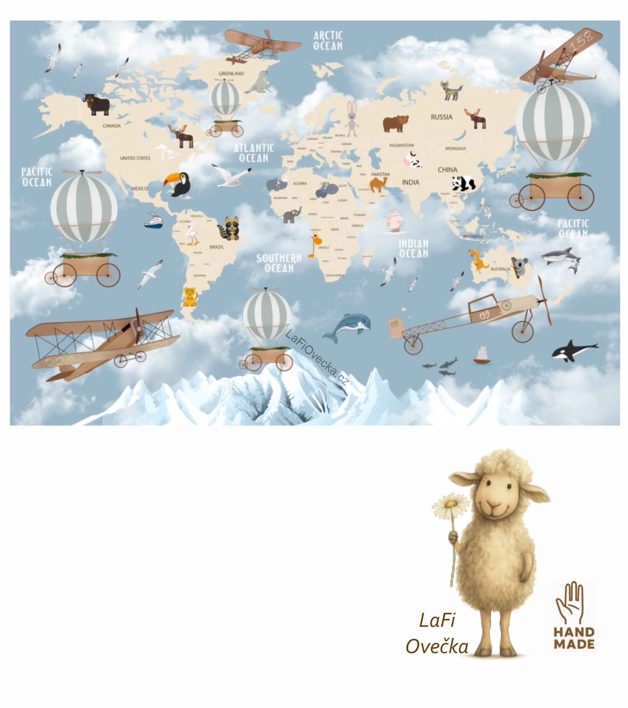 LaFi samolepka na zeď – Mapa světa (EN) pro děti | modré pozadí | 1 díl