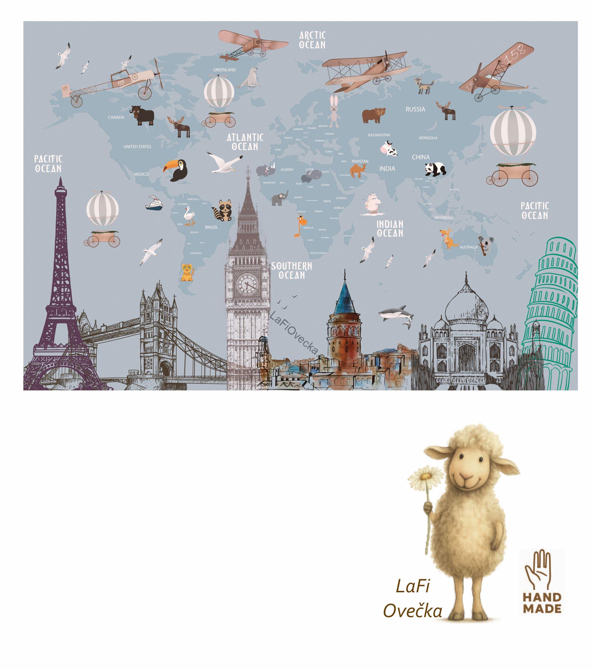 LaFi textilní samolepka na zeď – Mapa světa s dominantami (EN) | bez PVC | 1 díl