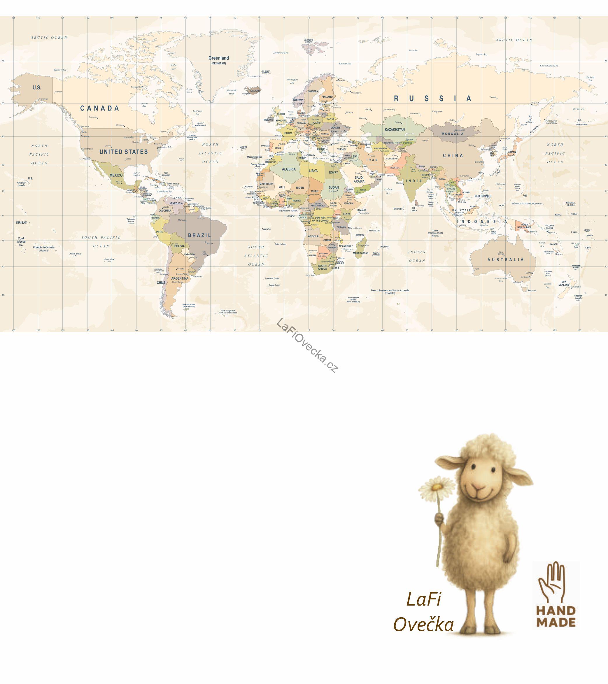 LaFi samolepka na zeď pro děti – Mapa světa: hlavní města (TOP) | textilní bez PVC | 1 díl