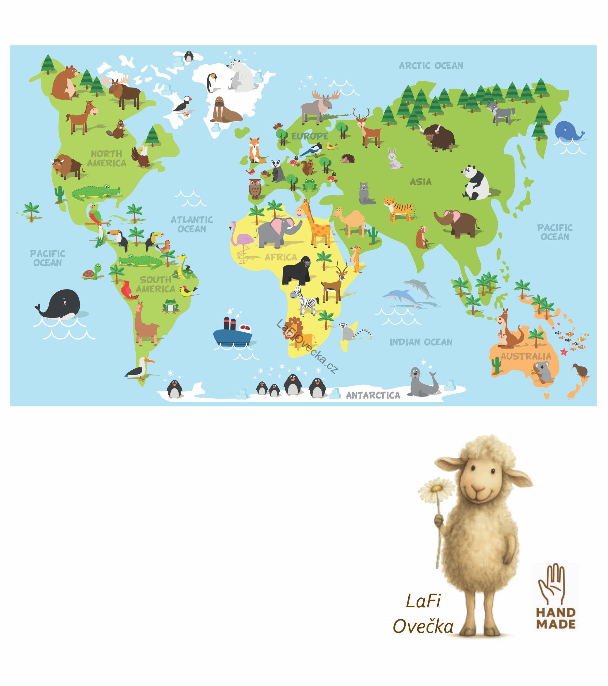 LaFi samolepka na zeď pro děti – Dětská mapa světa se zvířátky (EN) | textilní bez PVC | 1 díl