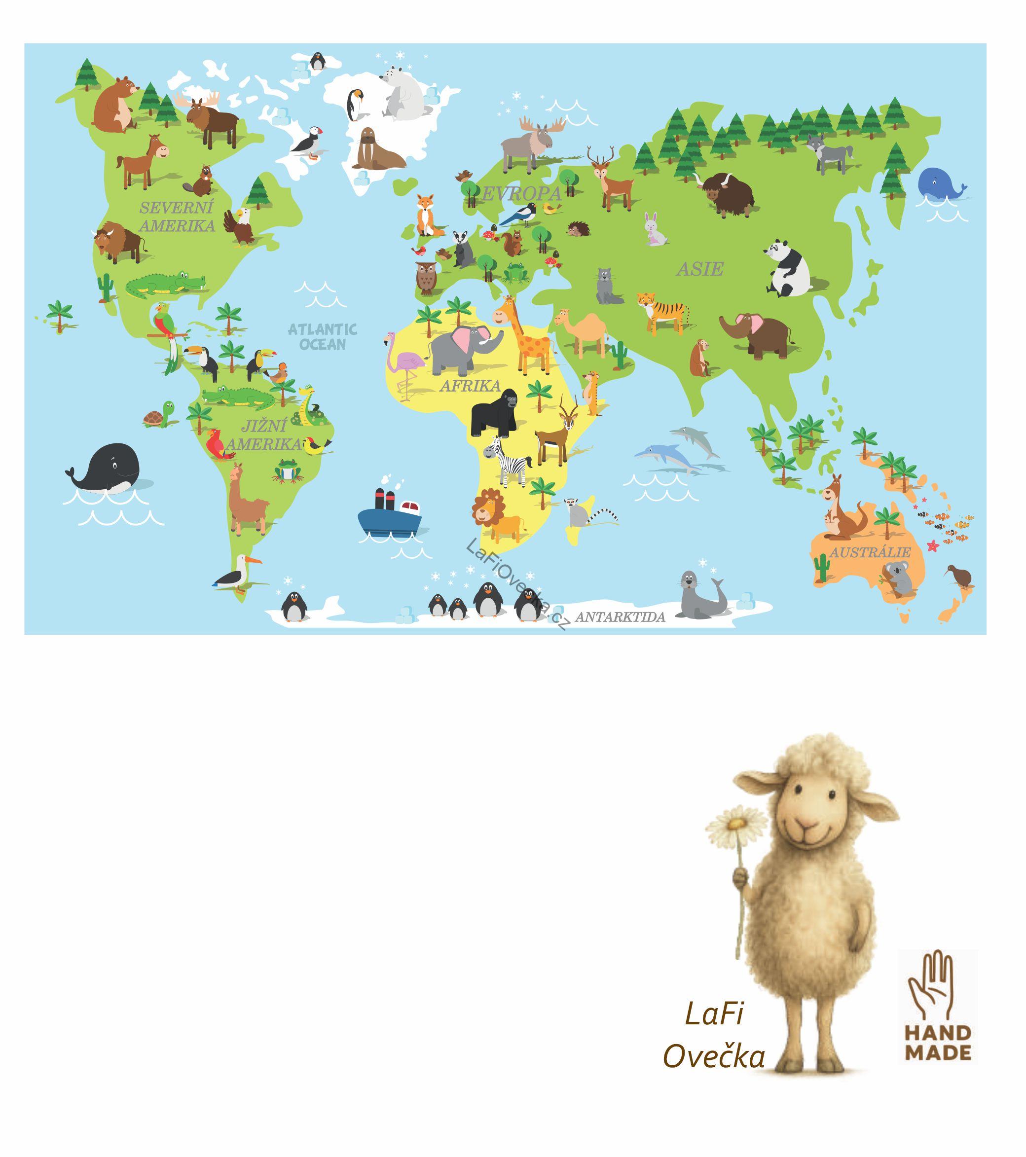 LaFi samolepka na zeď pro děti – Dětská mapa světa se zvířátky (CZ) | textilní bez PVC | 1 díl