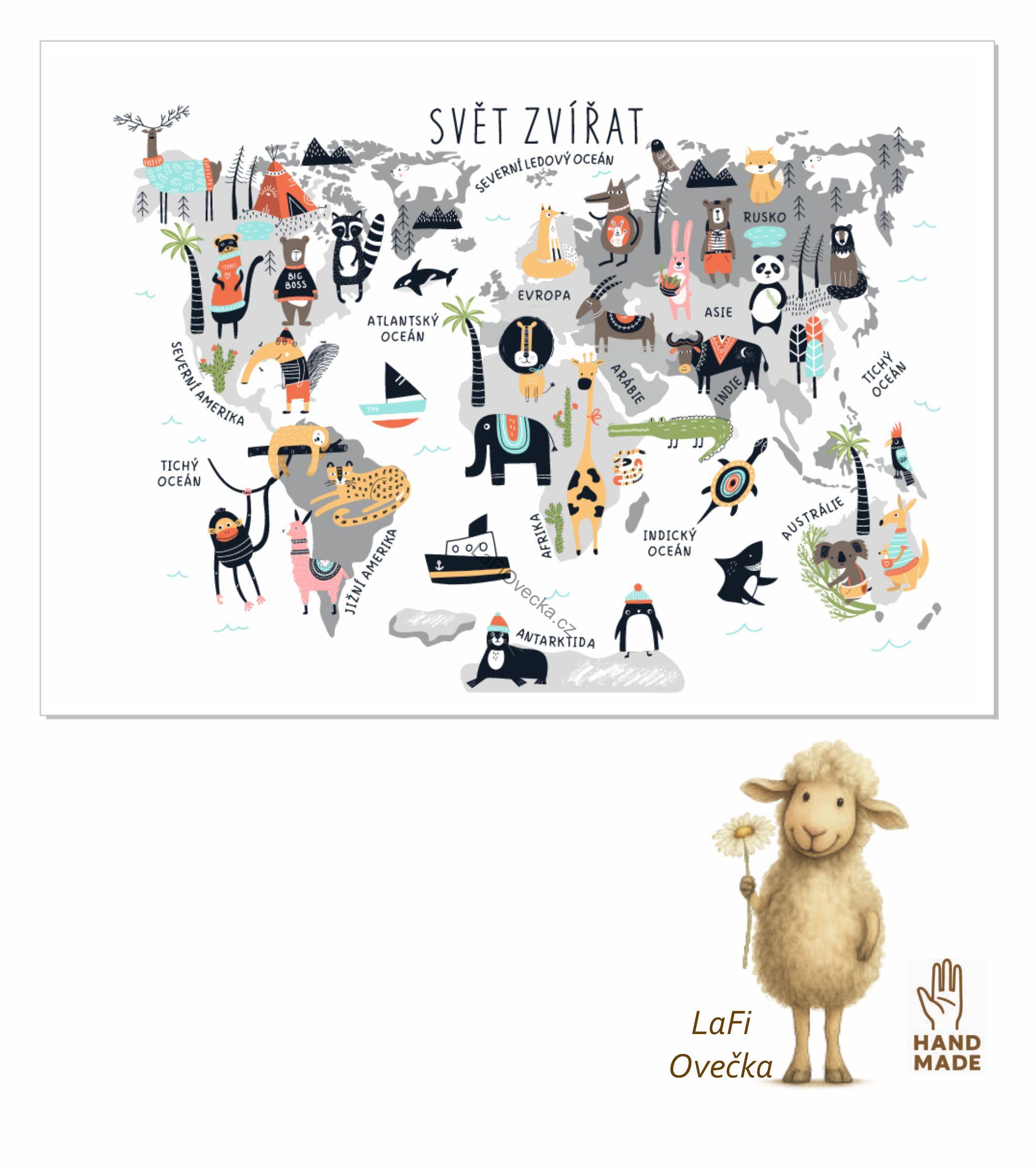 LaFi samolepka na zeď pro děti – Svět zvířat (CZ) skandinávský styl | textilní bez PVC | 1 díl