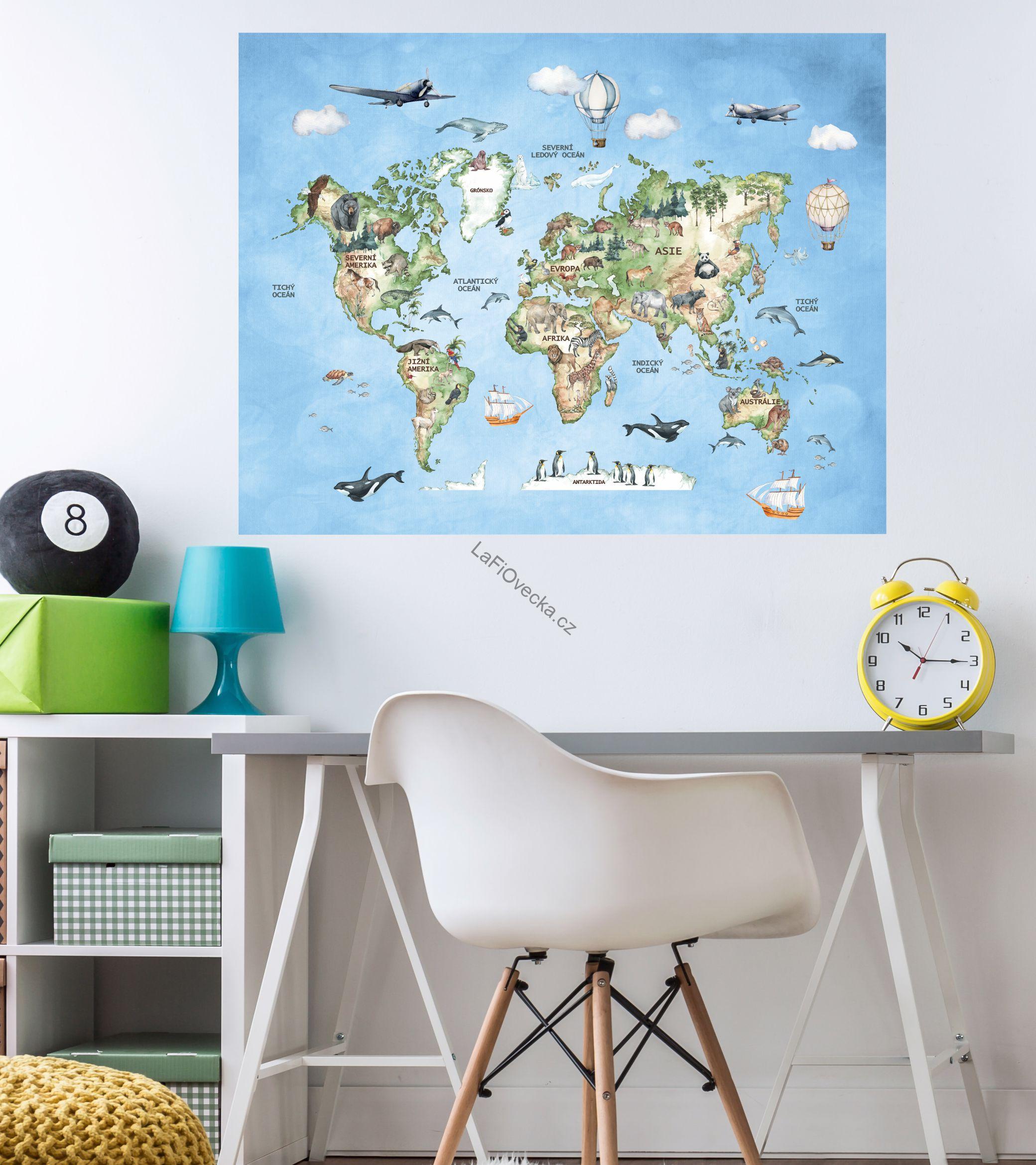LaFi samolepka na zeď pro děti – Mapa světa ZVÍŘATA (CZ) | české názvy| textilní bez PVC | 1 díl