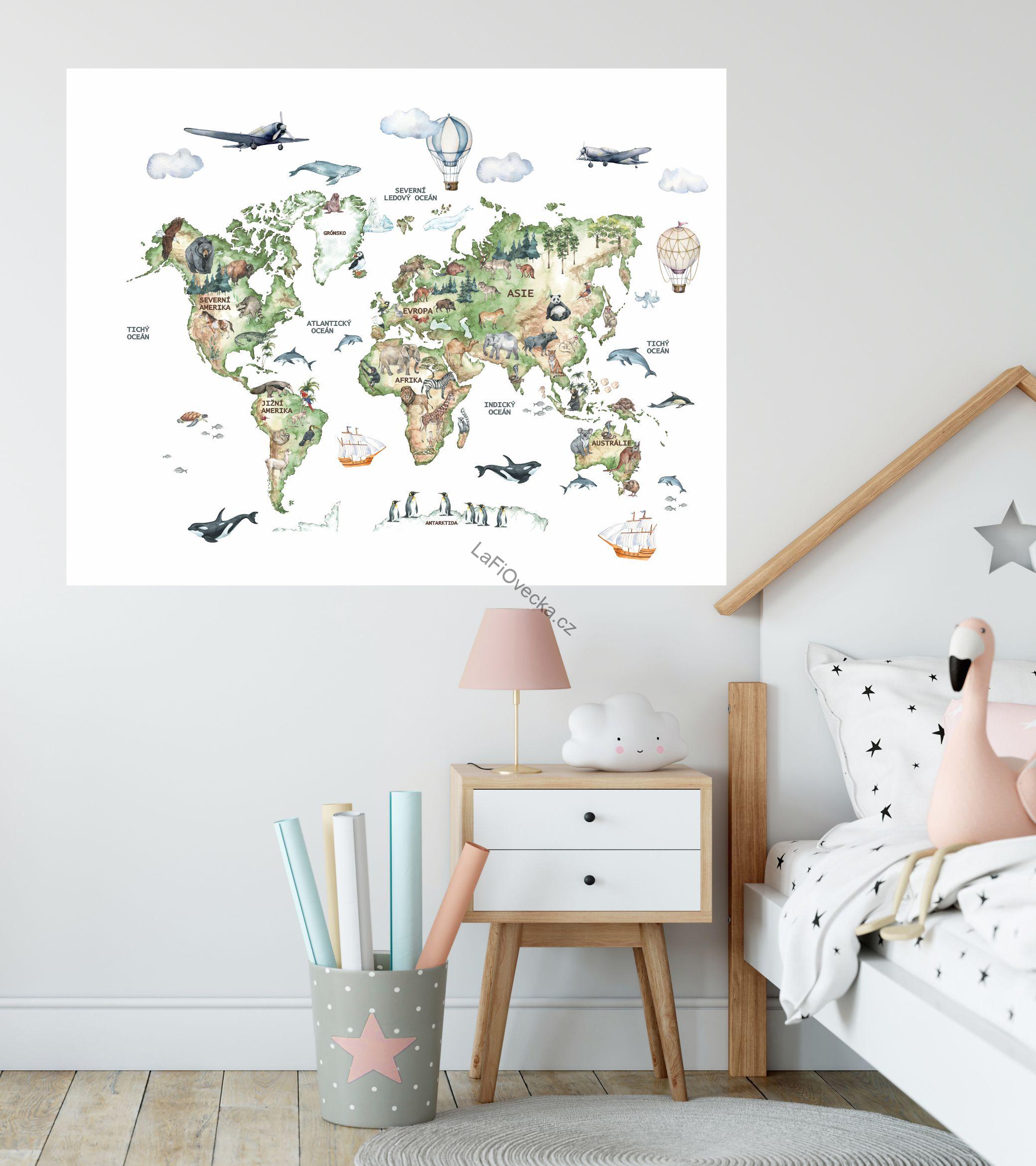 LaFi samolepka na zeď pro děti – Mapa světa se zvířaty (CZ) | bílé pozadí | velká písmena | textilní bez PVC | 1 díl