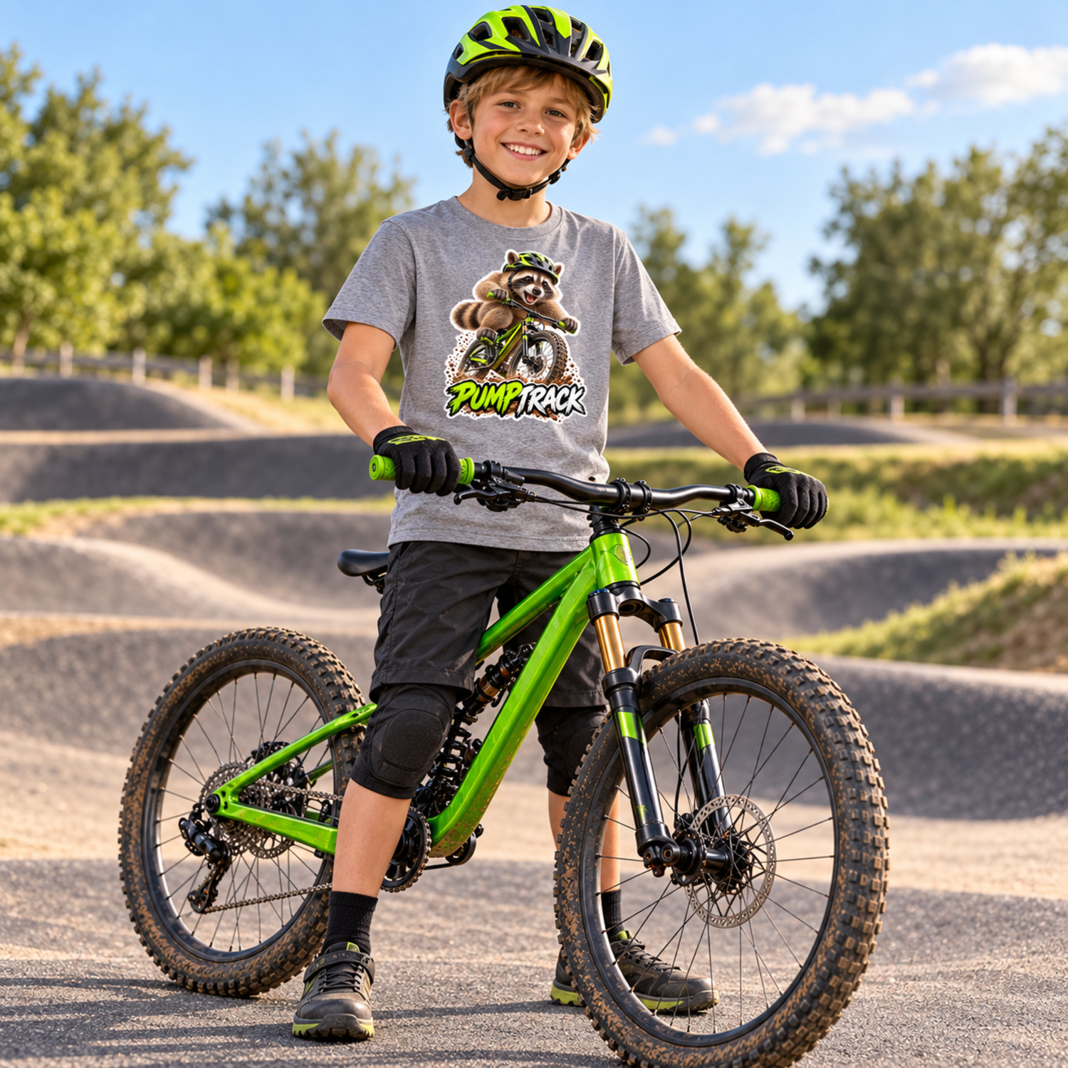 Vizualizace kluka s helmou na kole v tričku s LaFi nažehlovačkou Mýval PUMPTRACK