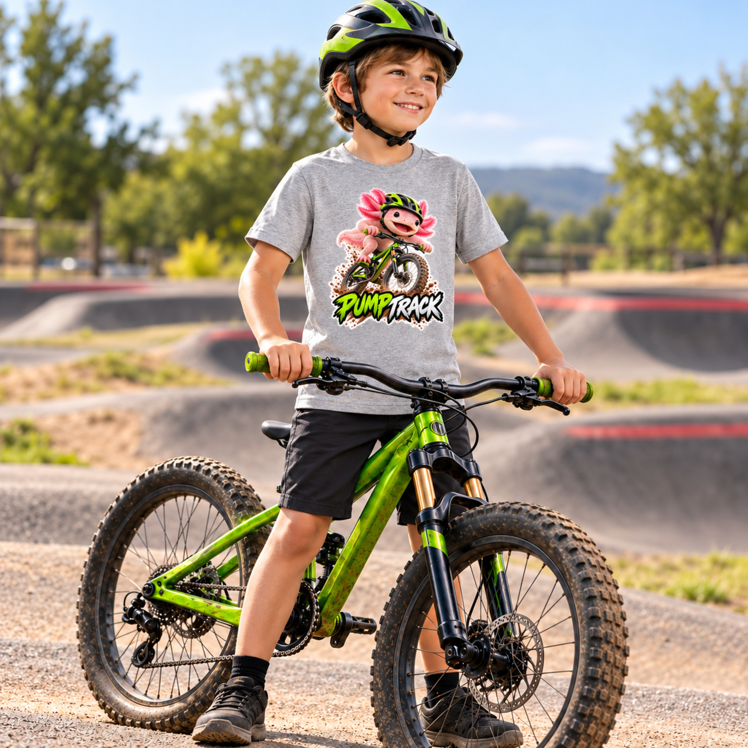 Vizualizace kluka s helmou na kole v tričku s LaFi nažehlovačkou Axolotl PUMPTRACK