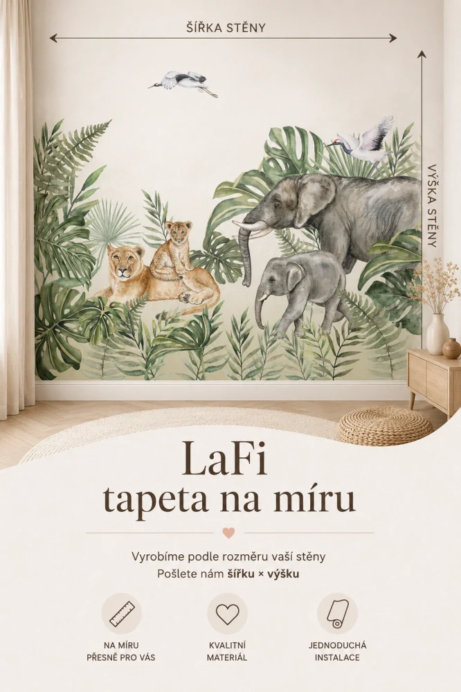 LaFi tapeta na míru – Safari kamarádi (sloní rodinka a lvice s mládětem) | akvarel