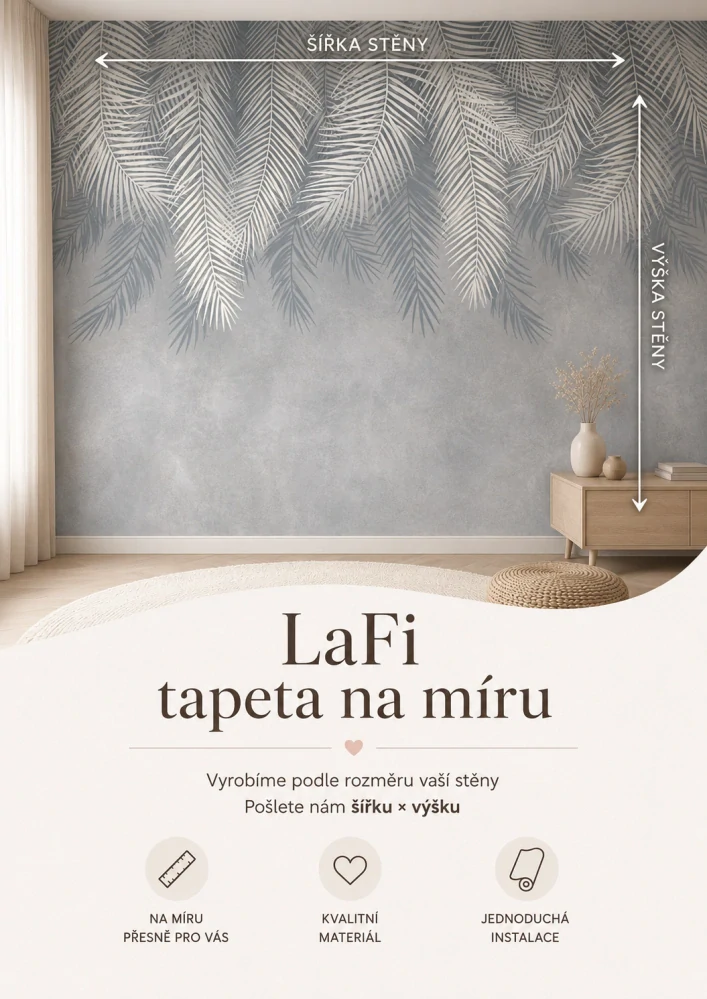 LaFi tapeta na míru – Tropické listy v šedé (palmy na betonové textuře)
