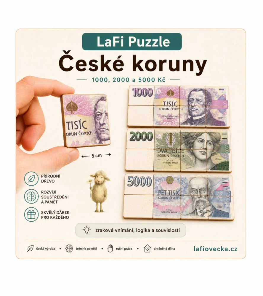 LaFi Dřevěné Puzzle – Peníze (1000, 2000, 5000) | Originální dárek