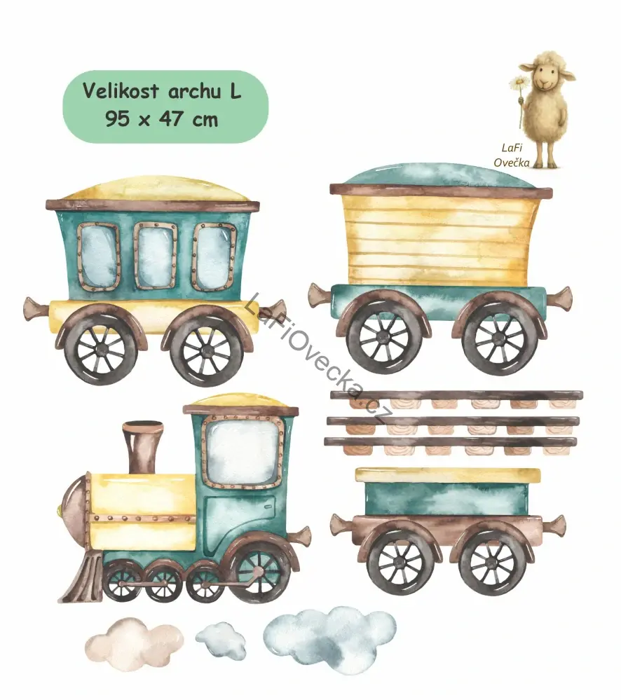 LaFi Ovečka samolepka na zeď – Vláček s vagóny nad postel (105 cm)