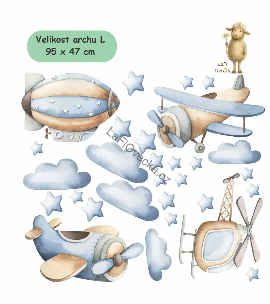 LaFi textilní samolepky na zeď – Letadla a obláčky (sada) (bez PVC, přemístitelné) | M 45×50 cm / L 95×80 cm + Na míru