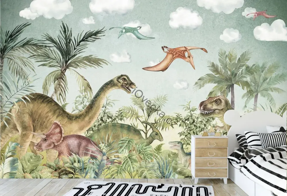 LaFi tapeta na míru – Dinosauří džungle (akvarel) | dinosauři a pterosauři