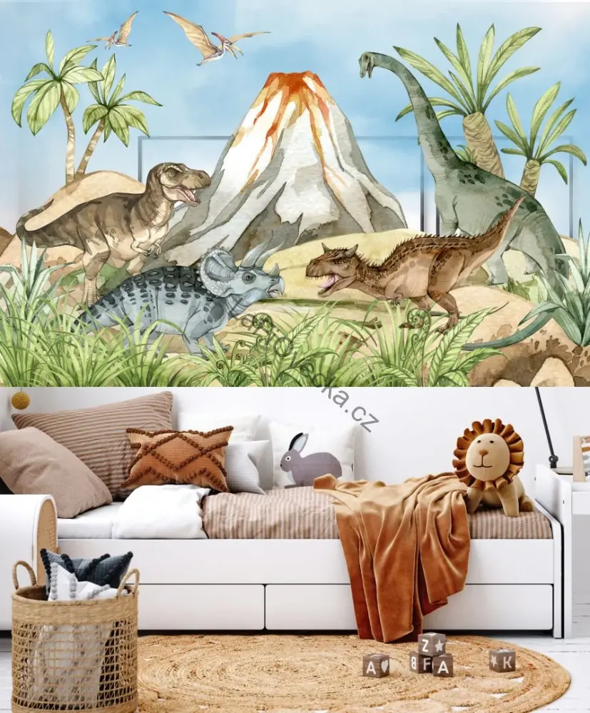 LaFi tapeta na míru – Dinosauři u sopky (akvarel) | pravěk a pterosauři