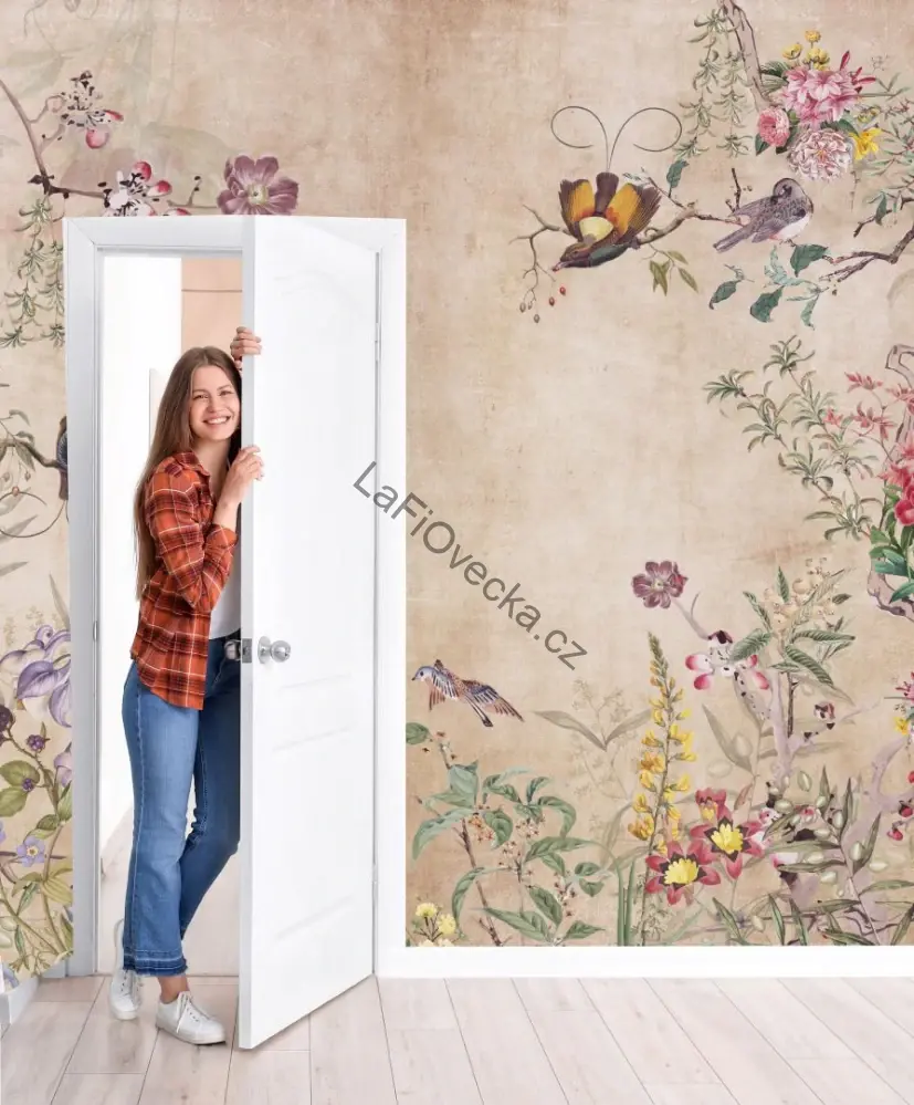 LaFi tapeta na míru – Vintage zahrada (ptáčci a květinový rám) | béžová