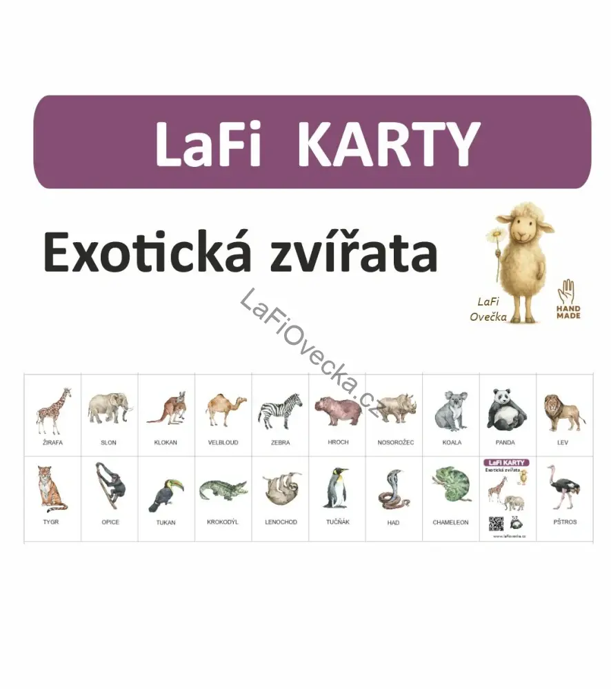 LaFi karty – Exotická zvířata (20 ks) | Omyvatelné kartičky 10×15 cm | Česká výroba
