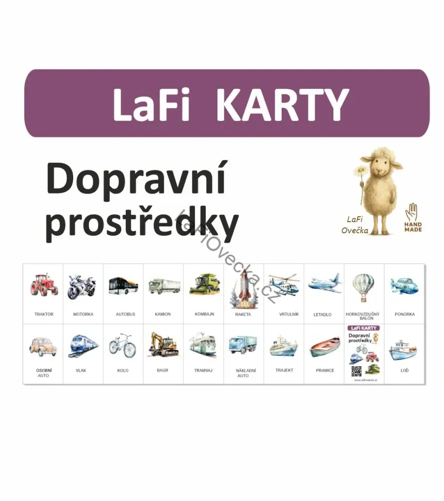 LaFi karty – Dopravní prostředky (20 ks) | Omyvatelné kartičky 10×15 cm | Česká výroba