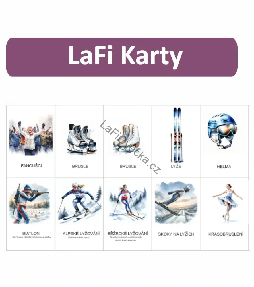 LaFi karty – Zimní sporty (20 ks) | Omyvatelné kartičky 10×15 cm | Česká výroba