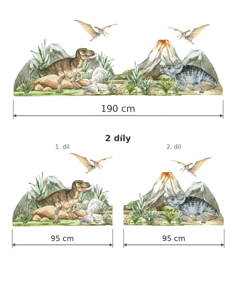 Velkoformátová textilní samolepka – Pravěký svět s dinosaury a sopkou 195 cm | LaFiTex