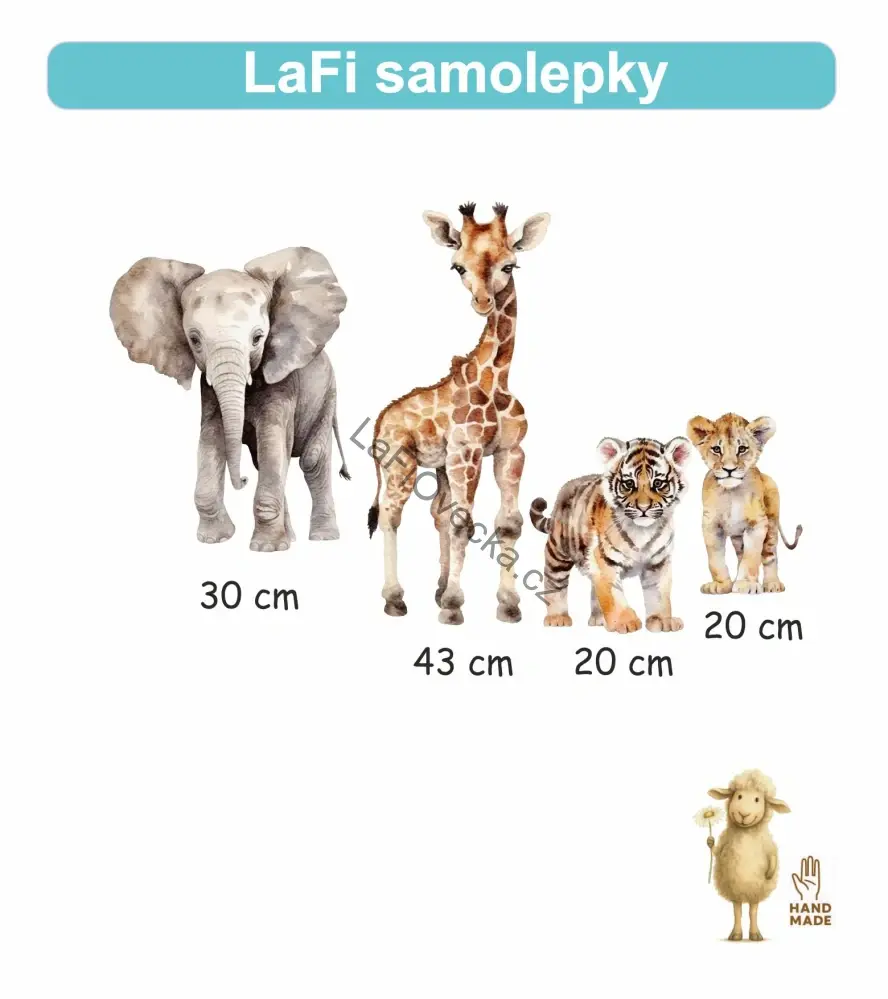 LaFi samolepka na zeď – Safari mláďata (slůně, žirafa, tygřík, lvíče)