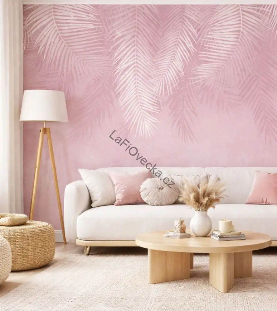 LaFi tapeta na míru – Tropické listy v růžové barvě