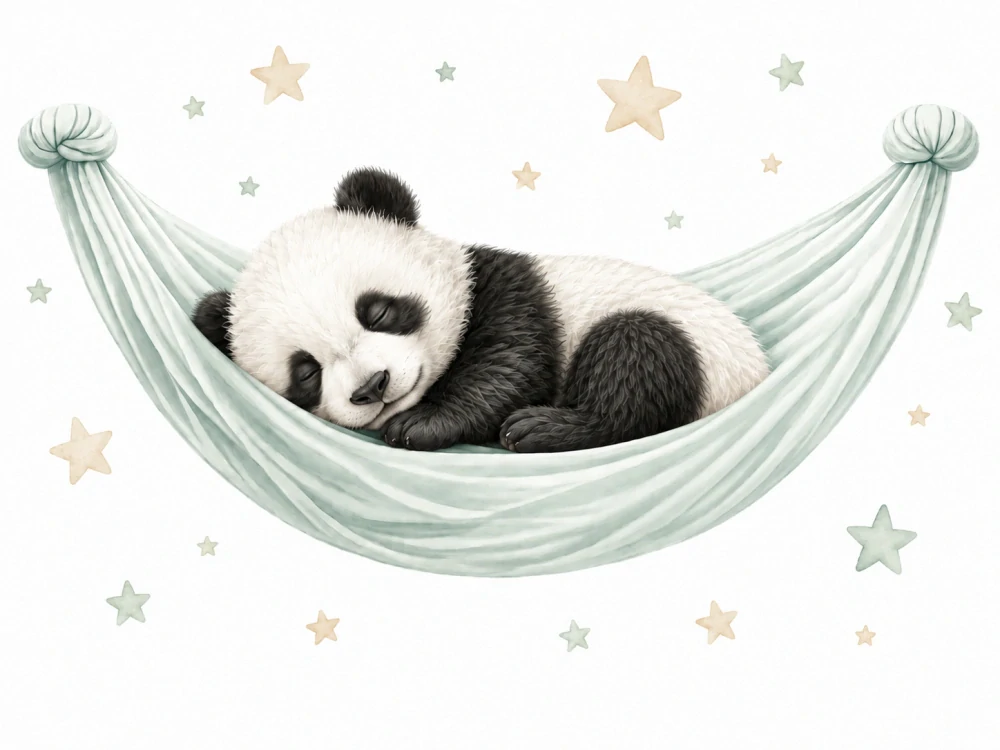 LaFi samolepka na zeď – Spící panda v houpací síti s hvězdičkami