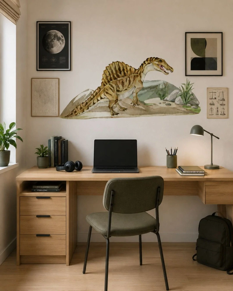 Textilní samolepka na zeď – Spinosaurus v pravěké krajině 95×40 cm | LaFiTex