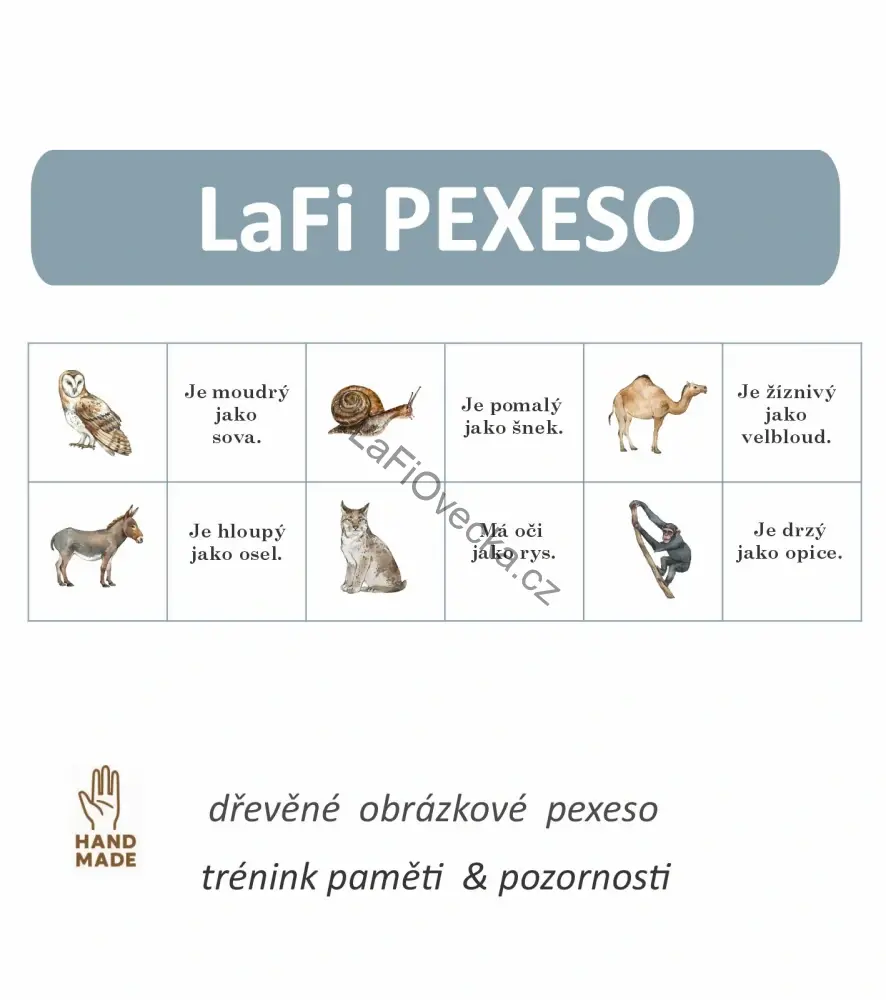 LaFi Dřevěné Pexeso – Zvířecí přirovnání - Sova (10×10 cm) | Česká výroba