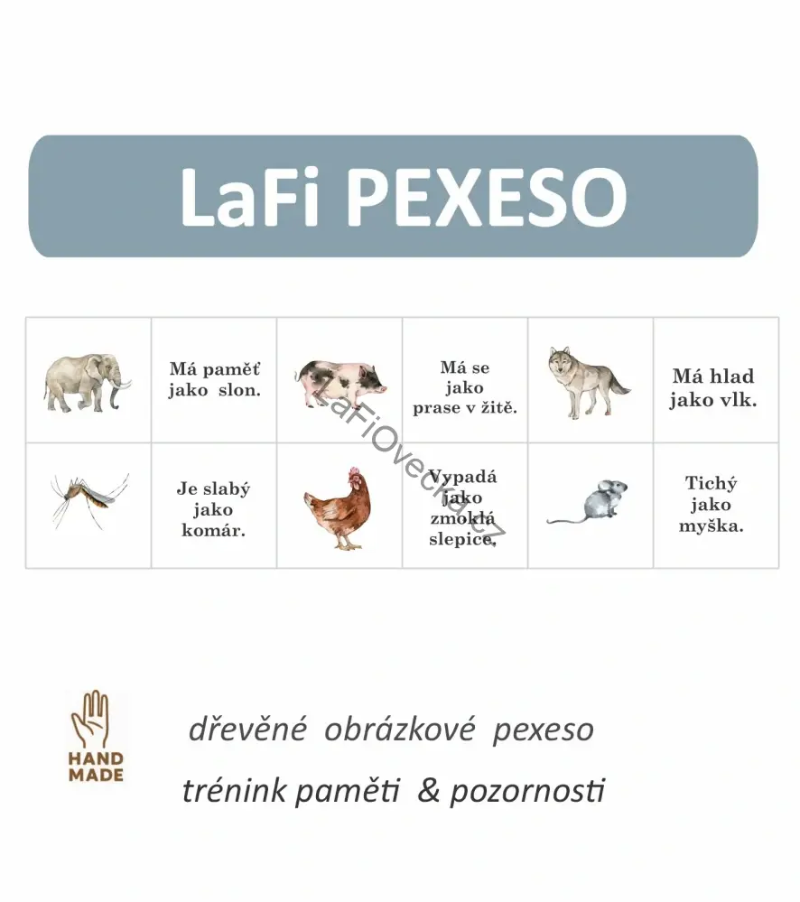 LaFi Dřevěné Pexeso – Zvířecí přirovnání (10×10 cm) | Česká výroba