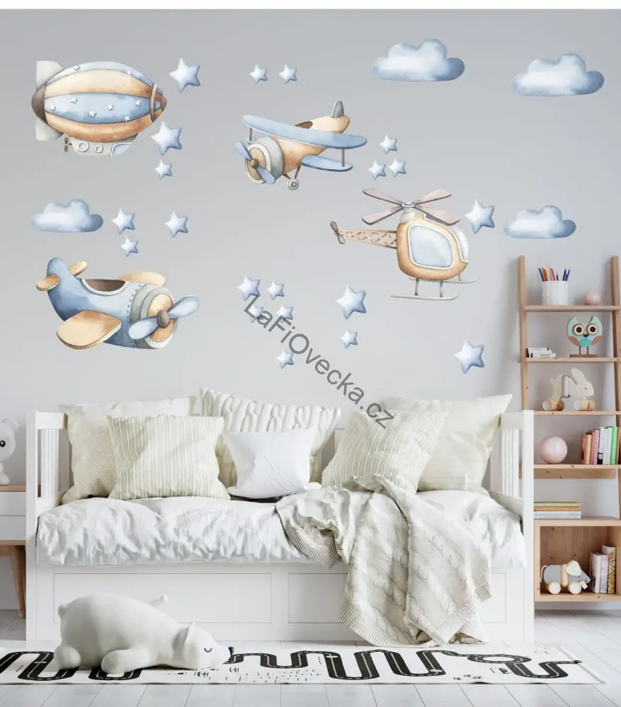 LaFi textilní samolepky na zeď – Letadla a obláčky (sada) (bez PVC, přemístitelné) | M 45×50 cm / L 95×80 cm + Na míru