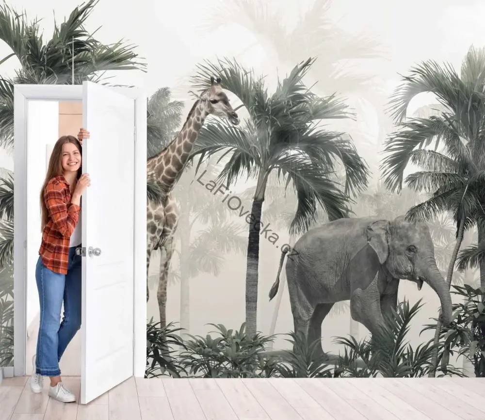 LaFi tapeta na míru – Safari v mlze (žirafa a slon)