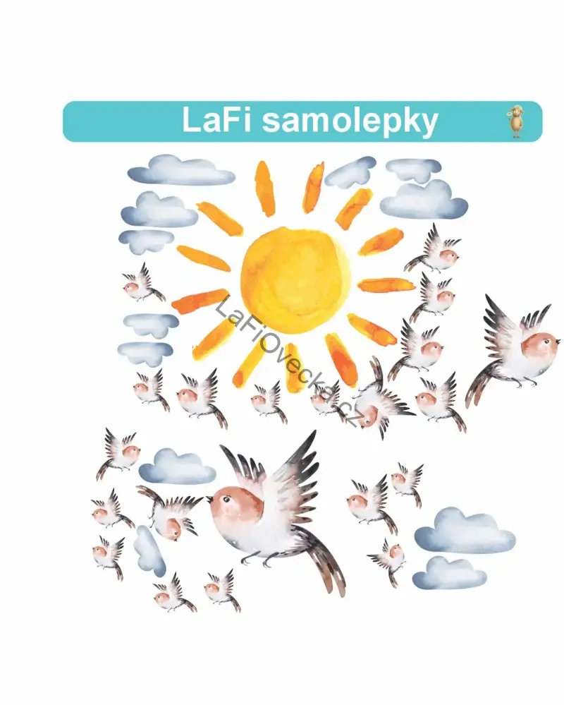LaFi samolepka na zeď – Slunce, obláčky a ptáčci