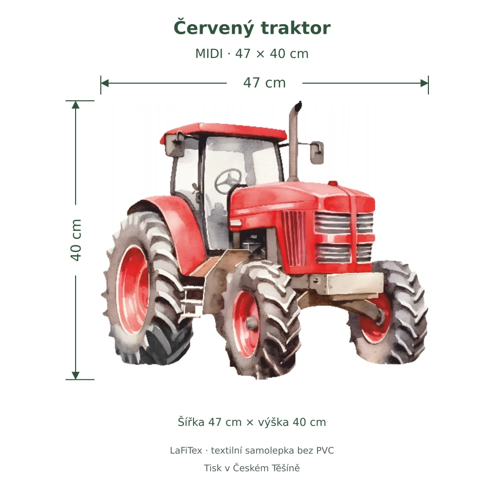 Samolepka červeného traktoru MIDI – šířka 47 cm a výška 40 cm