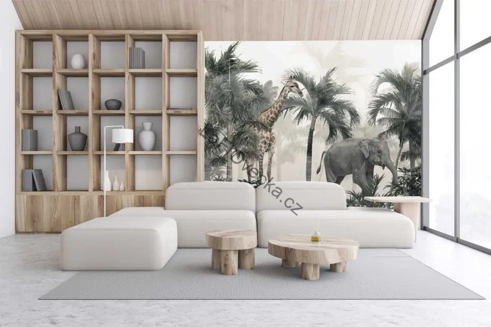 LaFi tapeta na míru – Safari v mlze (žirafa a slon)