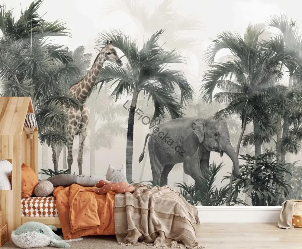 LaFi tapeta na míru – Safari v mlze (žirafa a slon)