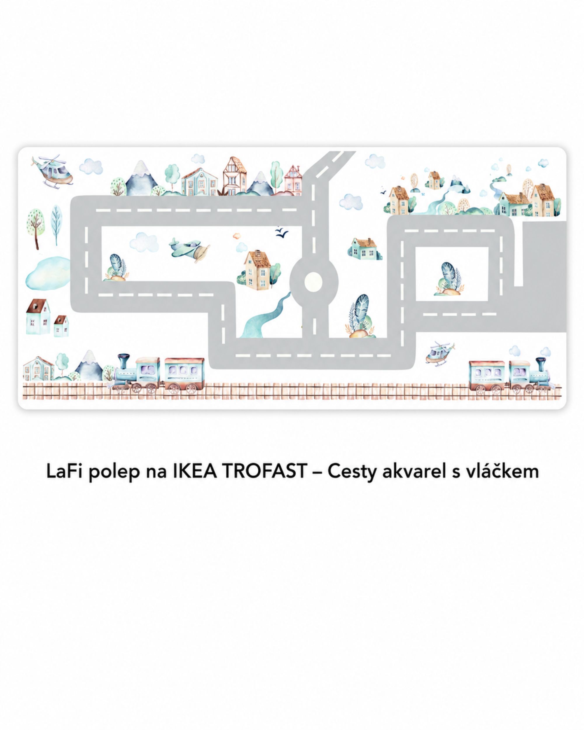 LaFi polep na IKEA TROFAST – Cesty akvarel s vláčkem