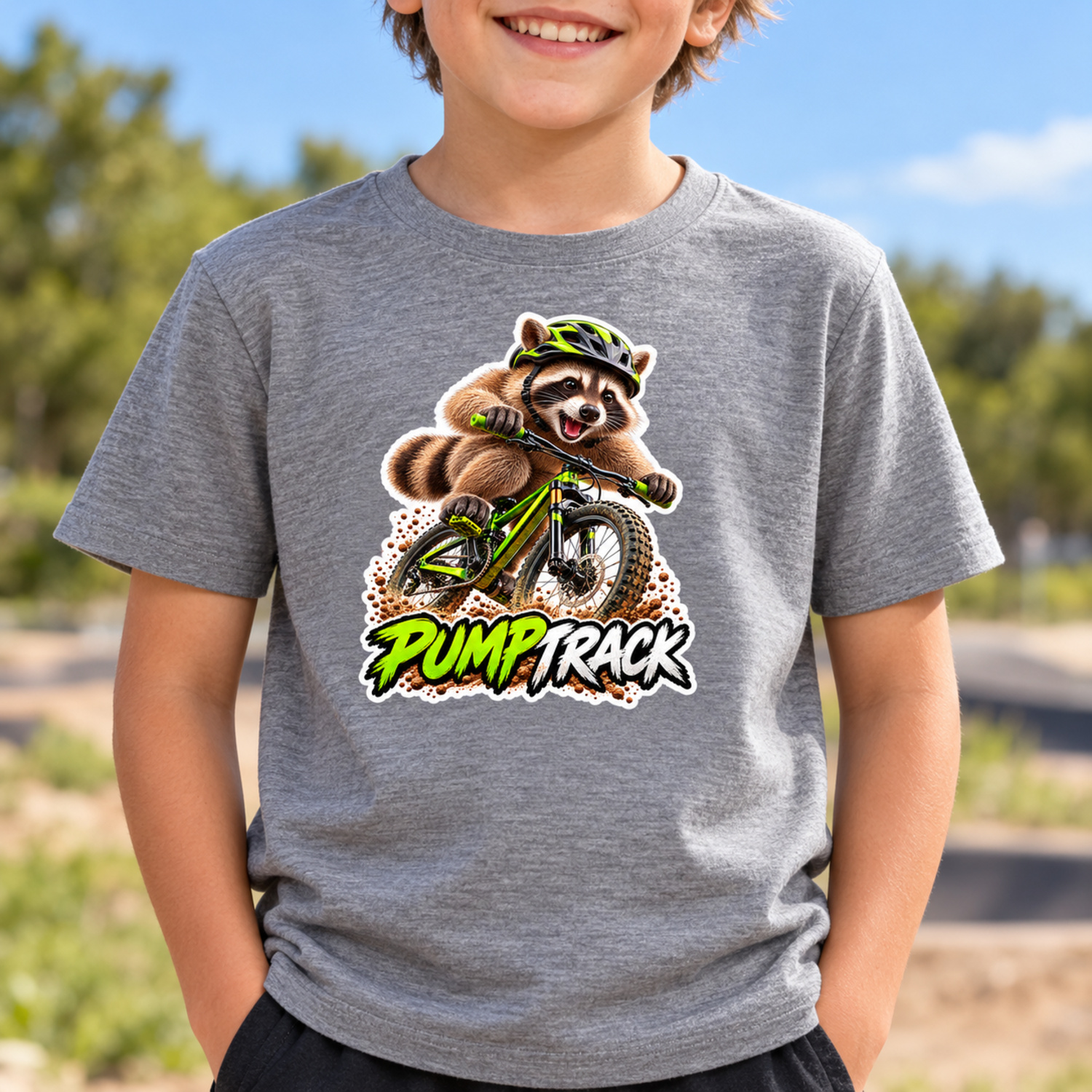 Vizualizace LaFi nažehlovačky Mýval PUMPTRACK na šedém dětském tričku