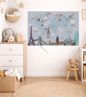 LaFi textilní samolepka na zeď – Mapa světa s dominantami (EN) | bez PVC | 1 díl