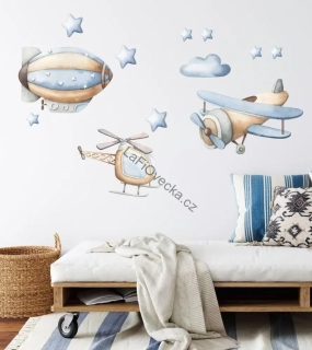 LaFi textilní samolepky na zeď – Letadla a obláčky (sada) (bez PVC, přemístitelné) | M 45×50 cm / L 95×80 cm + Na míru