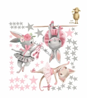 LaFi textilní samolepka na zeď do dětského pokoje – Baletní sada Zajíček a kočička s hvězdičkami