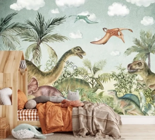 LaFi tapeta na míru – Dinosauří džungle (akvarel) | dinosauři a pterosauři