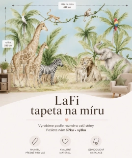 LaFi tapeta na míru – Safari džungle (žirafa, zebra, slon a lvi) | akvarel