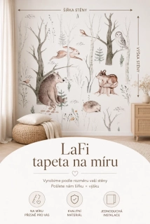 LaFi tapeta na míru – Zimní lesní kamarádi (medvídek, zajíček, ježek a sovička) | akvarel